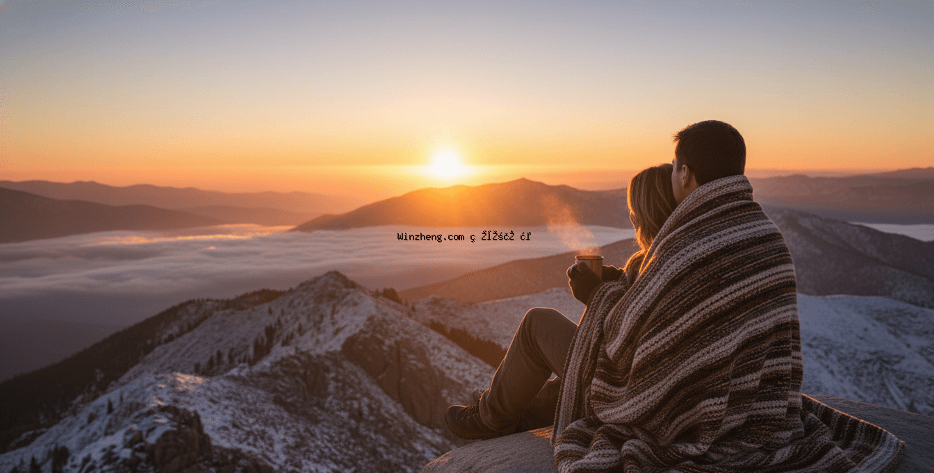 第一个情人节日出：宁静的场景，在山顶上欣赏日出，温暖的橙色地平线，拍摄对象身上裹着舒适的毯子。 